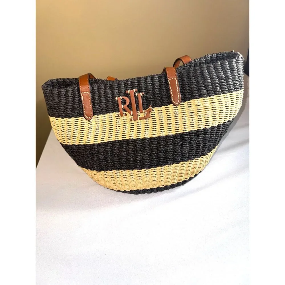 Ralph Lauren, striped Black and Tan straw Bag